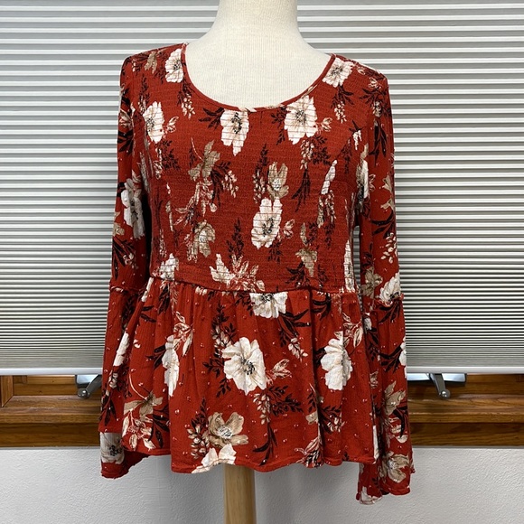 2X // Torrid Red Terracotta Floral Crinkled  Gauze Midi Babydoll Top - Picture 4 of 13
